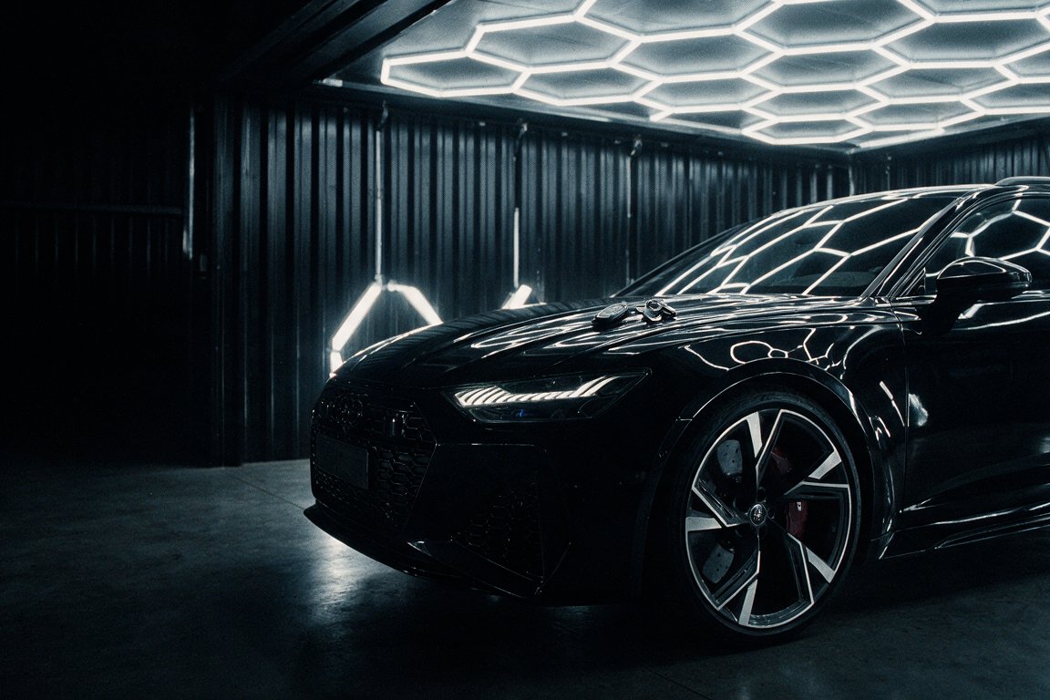 A finished car under workshop lighting, ready for collection