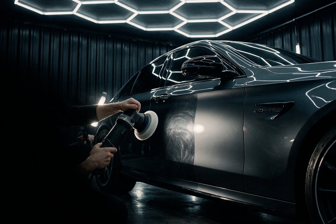 A machine polisher working across dark paint under inspection lighting