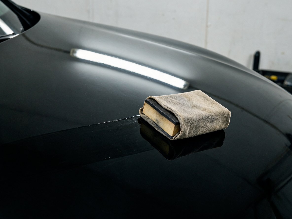 Ceramic coating being applied to a black bonnet
